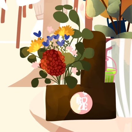 Détail floral et logo ROZE, illustration du café