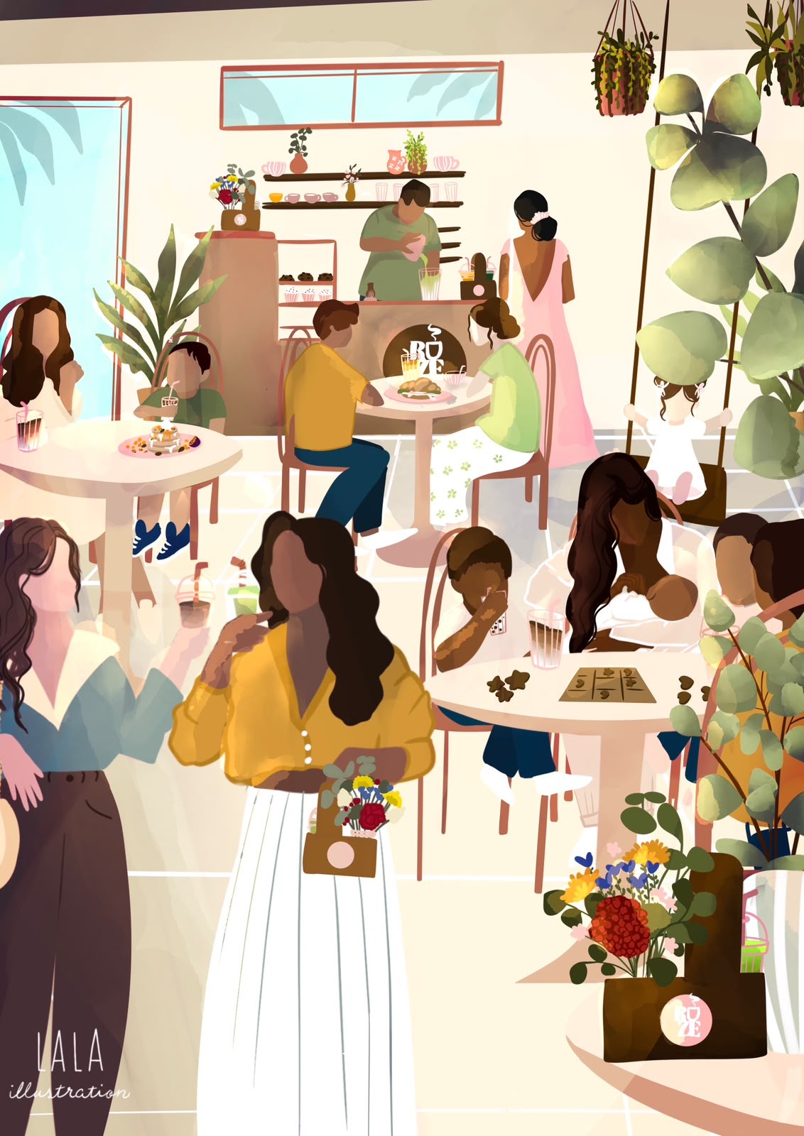Illustration du café ROZE animé, familles et clients autour du comptoir