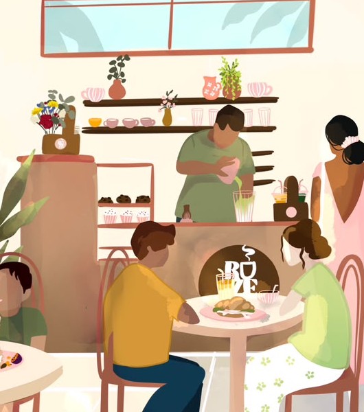 Illustration du comptoir du café ROZE, barista au travail