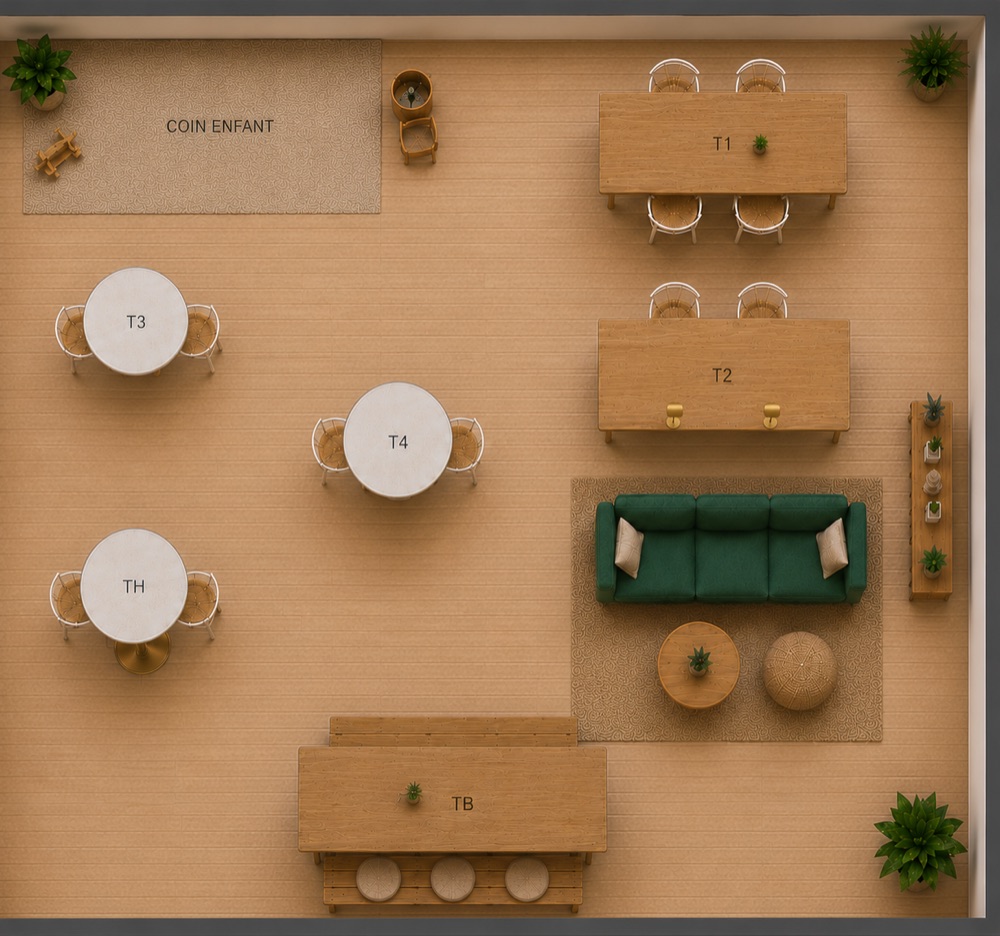 Plan des tables du café ROZE : tables T1 à T4, table TH, table TB et coin enfant